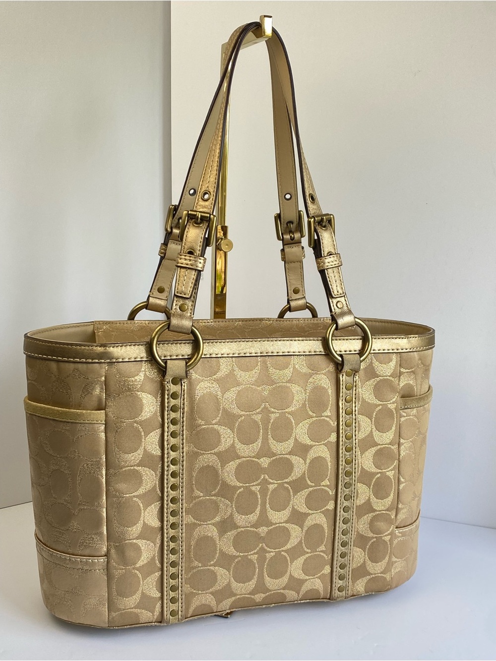 Coach Studded Signature Jacquard Gold Metallic Signature Tote with Suede Trim - Picture 14 of 17